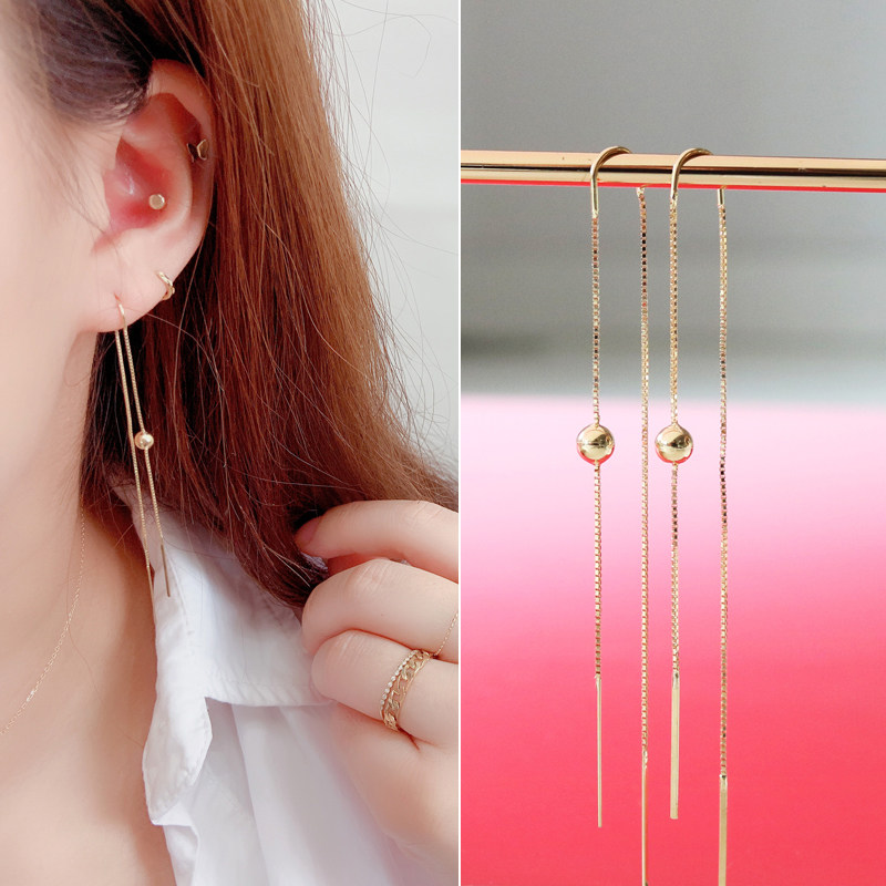 韩国纯14k金黄金耳线 简约气质盒子链k纯金耳线耳饰女