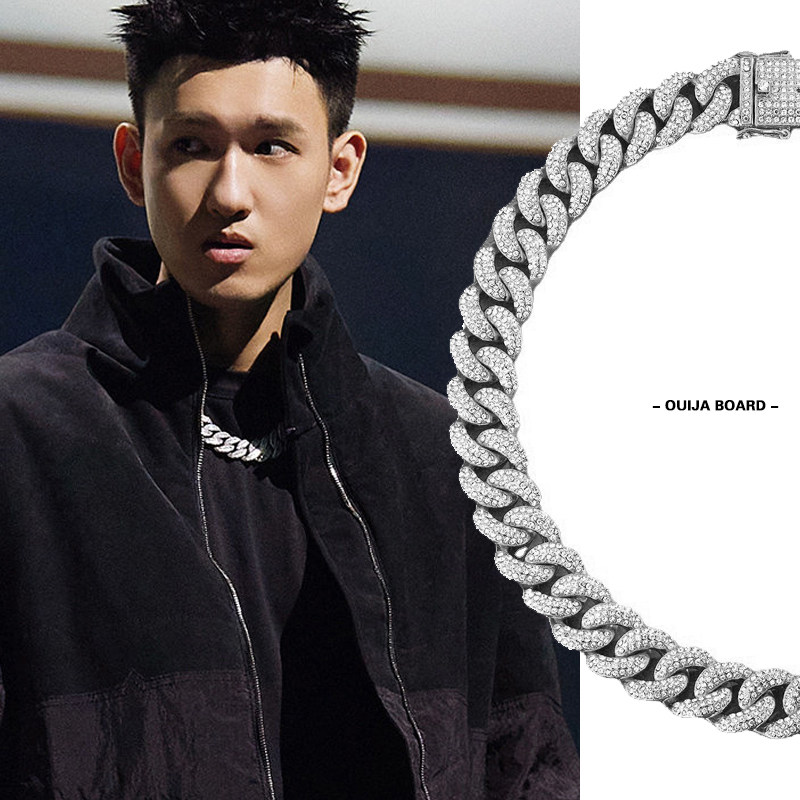 中国新说唱gali蒋文涵同款男女欧美hiphop银色满钻镶钻粗古巴项链