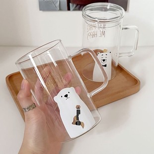 可爱卡通熊耐热玻璃水杯子带盖杯大容量早餐牛奶杯果汁杯带把手