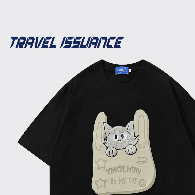 TRAVEL ISSUANCE 装一只小猫 国潮植绒中性ins风休闲宽松短袖T恤