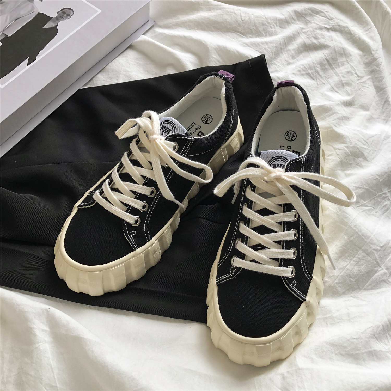 吾尊时尚 鞋子 西欧欧 黑色厚底帆布鞋女ulzzang韩系学院风少女百搭