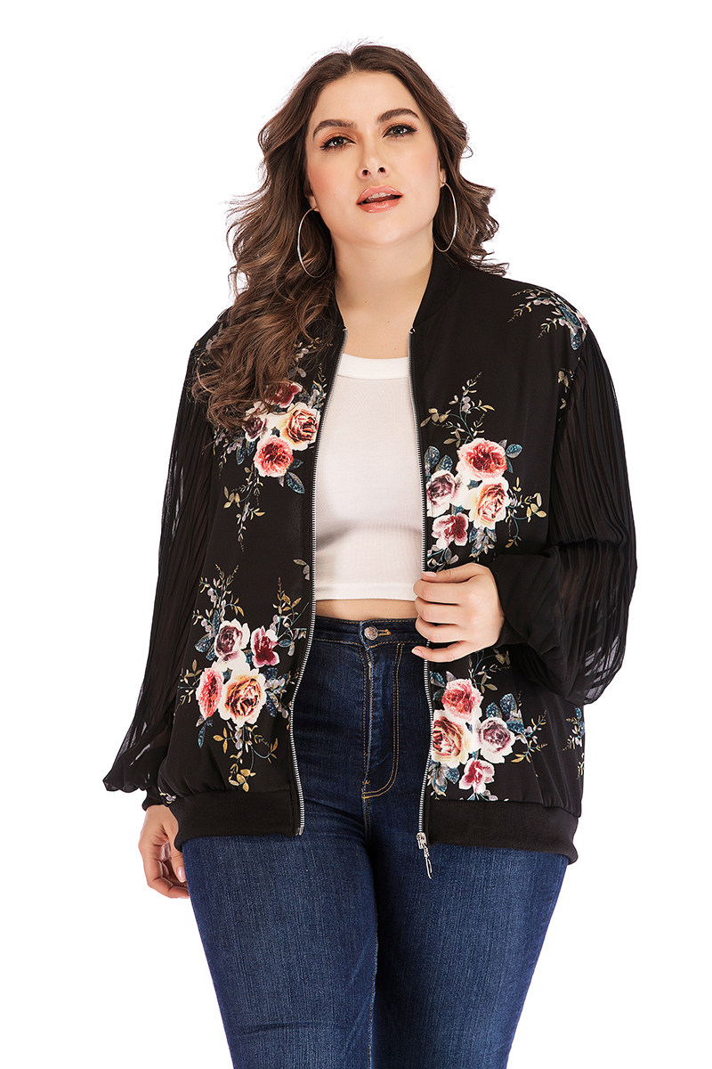 现货实拍 欧美大码女装新款 圆领长袖印花长袖拉链外套上衣