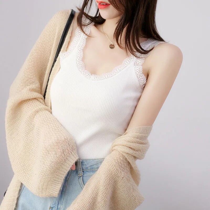 大码莫代尔螺纹吊带背心女200斤胖mm外穿修身显瘦蕾丝内搭打底衫