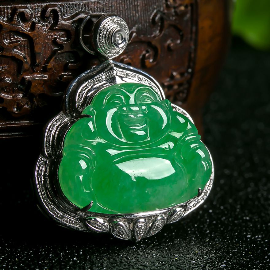 18k金伴豪华镶嵌翡翠满绿笑佛公吊坠5.28克