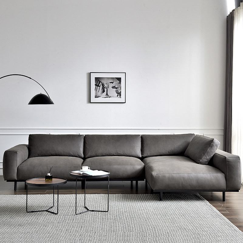 北欧意式现代客厅组合头层牛皮苯胺复古表情黑灰色全真皮沙发转角