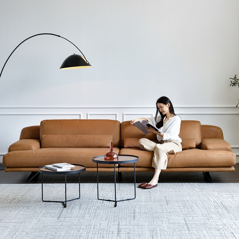 北欧意式极简诧寂复古驼色意大利进口头层牛皮表情高端全真皮沙发