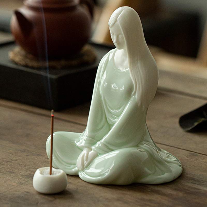 禅意陶瓷人物摆件 中式瑜伽美女点香
