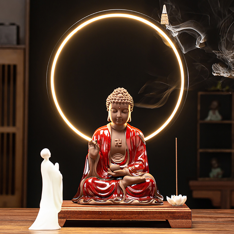 中式客厅释迦摩尼佛像陶瓷阿弥陀佛如来家居装饰创意发光摆件灯座