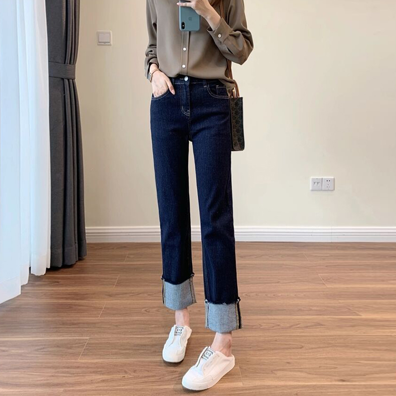 直筒牛仔卷边九分裤女