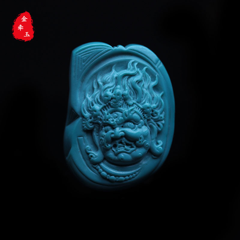 金牵玉原矿高瓷纯天然无优化绿松石精工雕刻大黑天挂件吊坠配饰