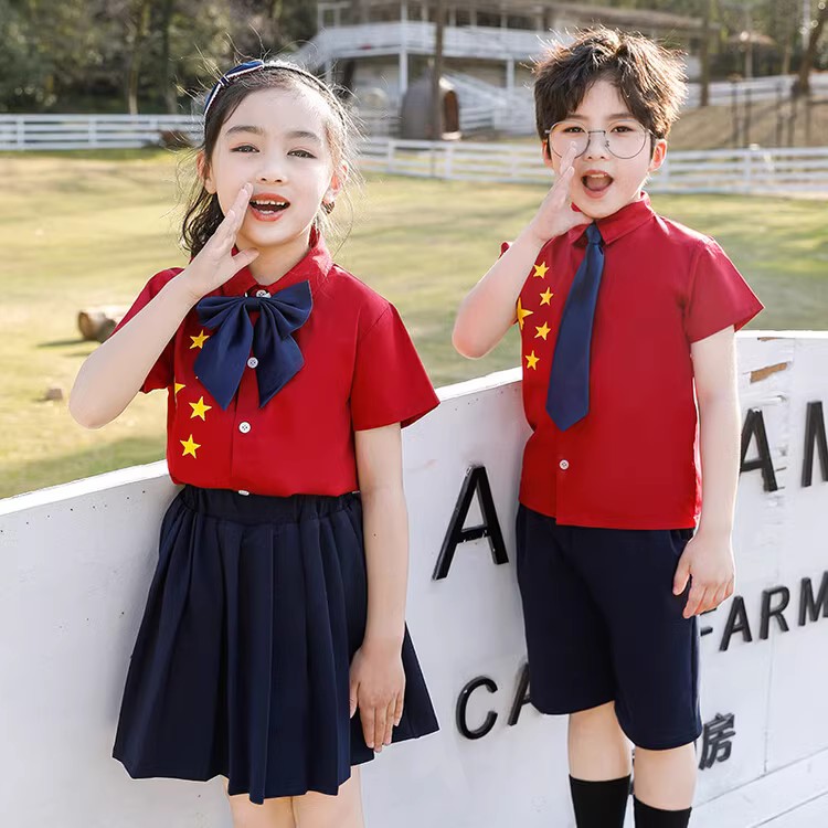 中国红大合唱演出服学生诗歌幼儿园班服纯棉套装民族服装六一儿童