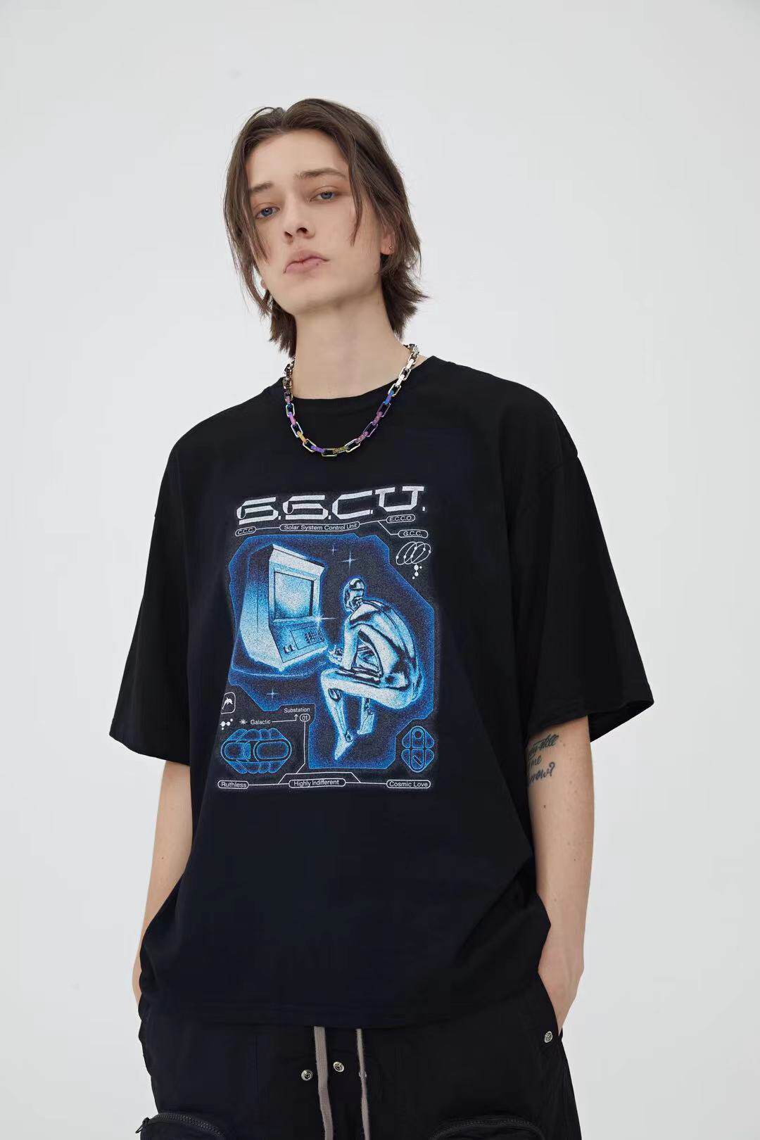 redeemer 21ss白墨印花打游戏小人国潮宽松t恤纯棉短袖男女同款