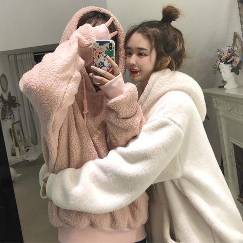 冬季韩版百搭羔绒毛外套女宽松加绒加厚可爱仿羊羔毛连帽套头卫衣