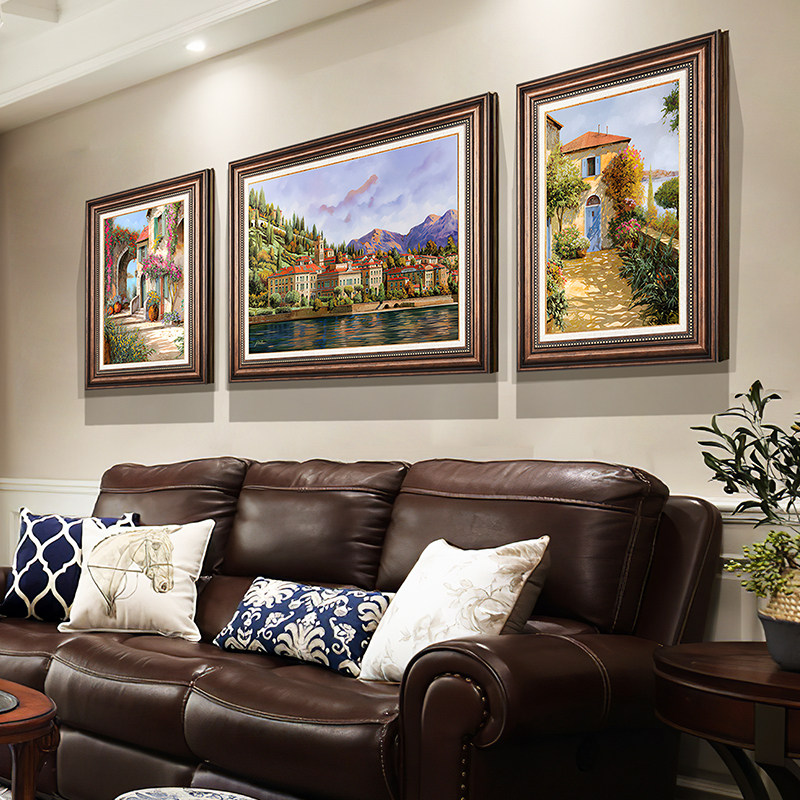 现代美式客厅装饰画三联大气风景油画欧式壁画轻奢沙发背景墙挂画