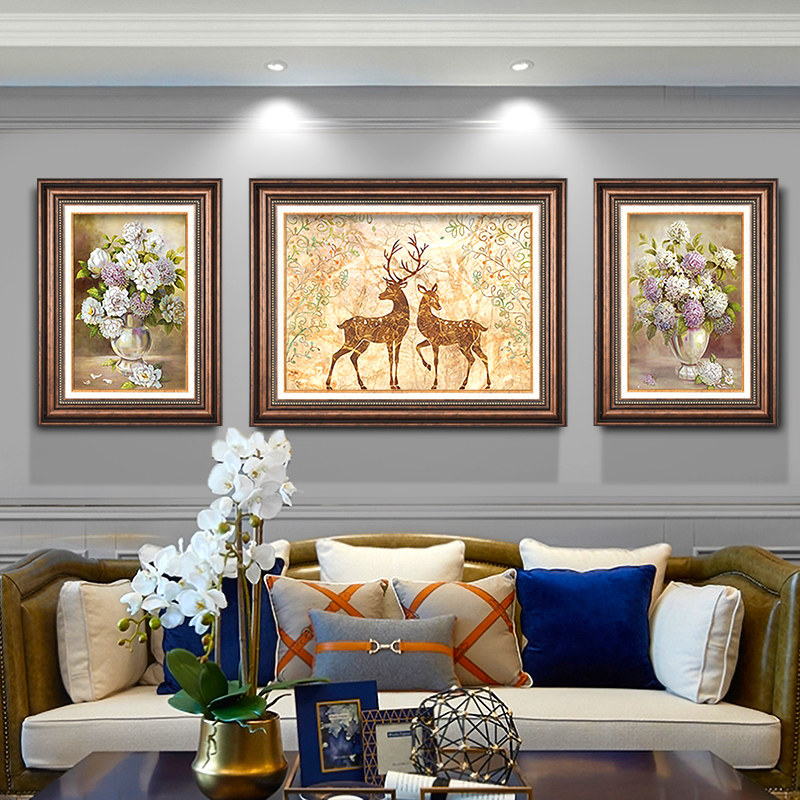 客厅装饰画沙发背景墙挂画美式卧室玄关壁画三联画墙画欧式油画鹿