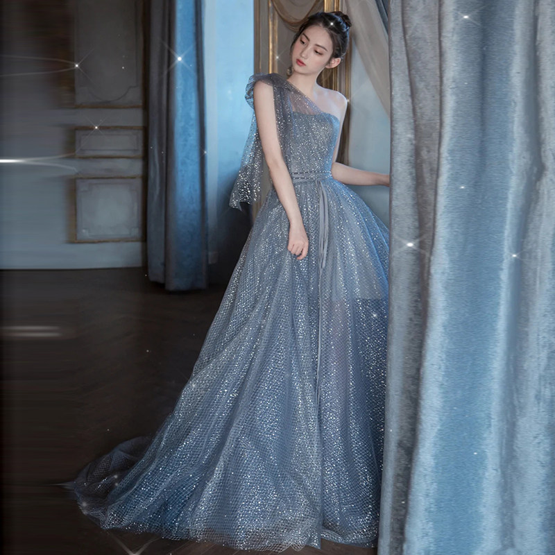 蓝色晚礼服裙轻奢小众高端仙气名媛生日宴会气质仙气主持人礼服女