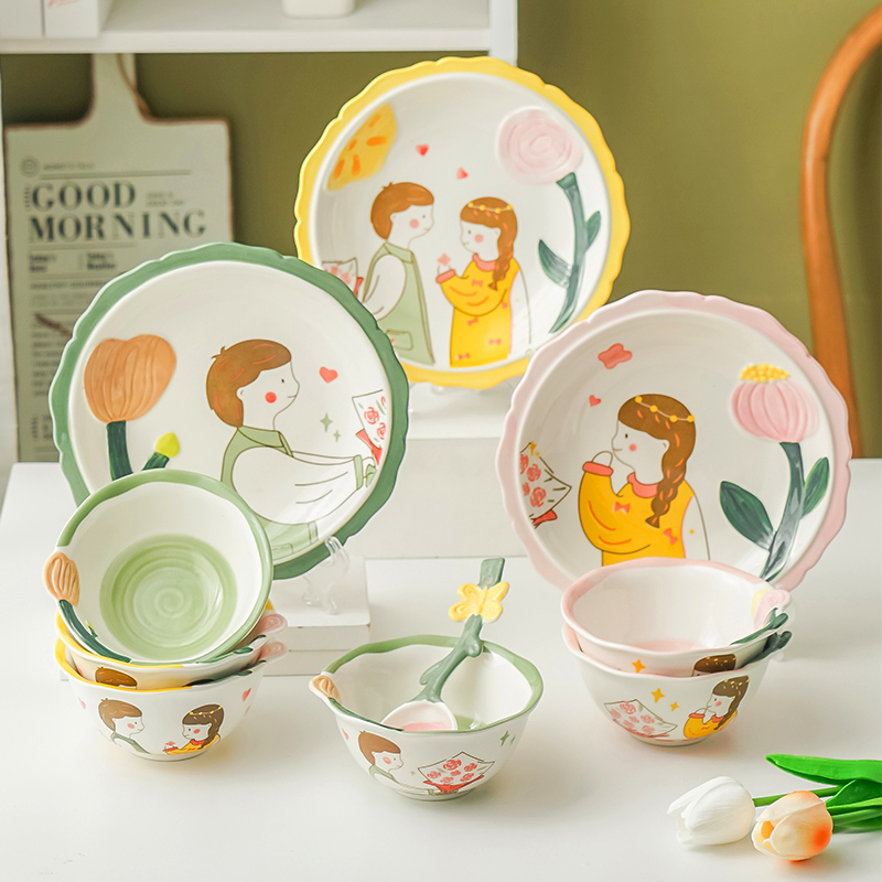 AMH 家用5英寸陶瓷碗情侣碗盘餐具可爱卡通儿童碗碟三餐四季釉下
