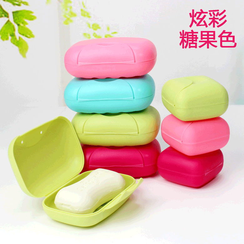 日式迷你糖果色 旅行创意塑料香皂盒便携洗脸带锁卡扣密封肥皂盒