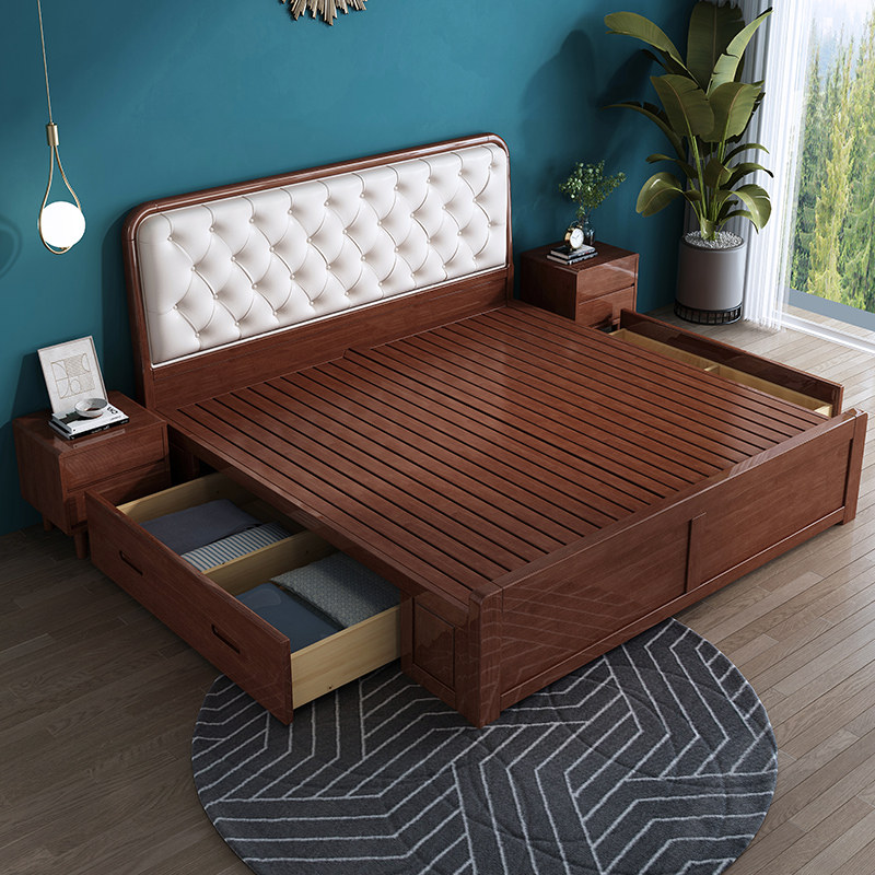北欧全实木床现代简约主卧胡桃色18米双人床15经济型高箱储物床