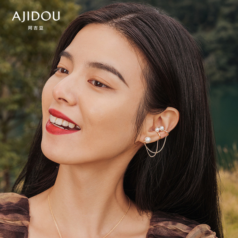 阿吉豆吉祥瑞兽系列唯美珍珠不对称耳钉时尚个性设计潮酷耳饰