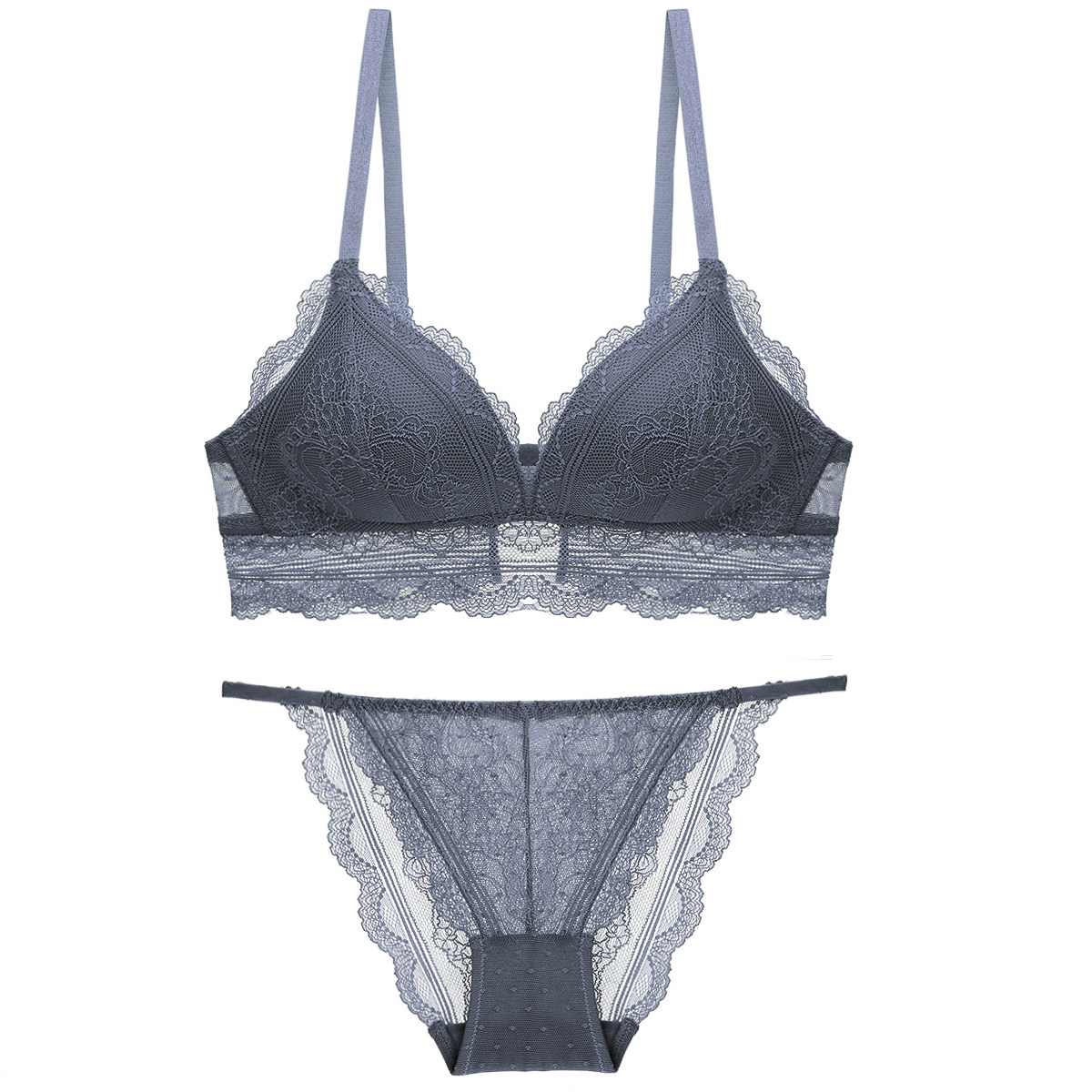 法式性感蕾丝薄款小胸聚拢文胸套装薄棉杯无钢圈舒适三角杯内衣女