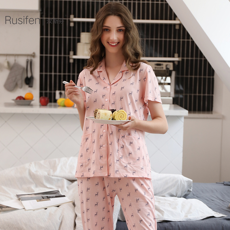 汝斯芬纯棉睡衣女夏季薄款可爱短袖长裤睡衣套装女士夏天家居服