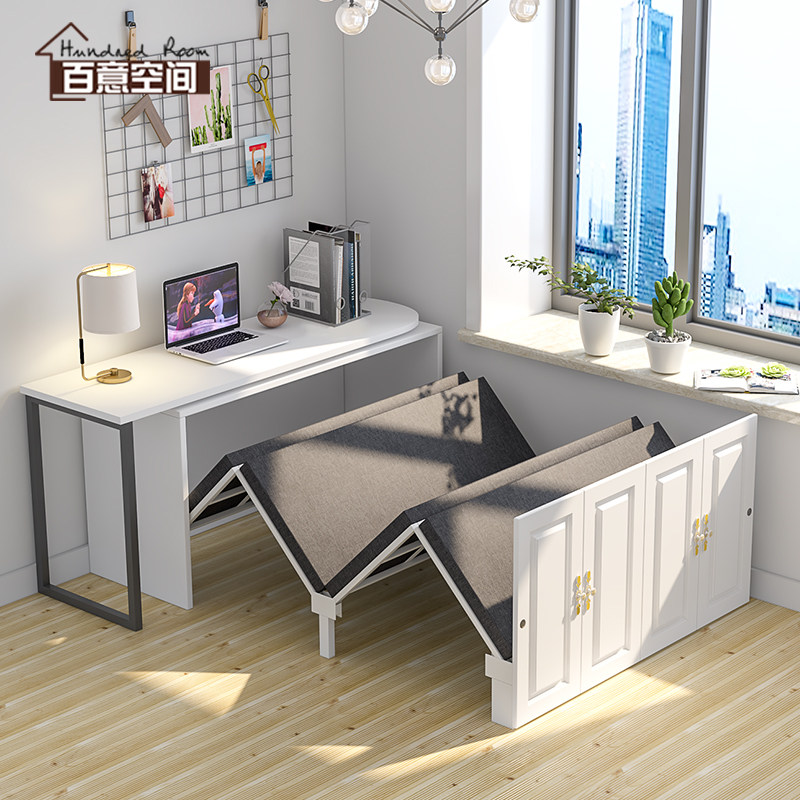现代多功能电脑办公桌书柜组合隐形折叠午休床书桌折叠床一体办公