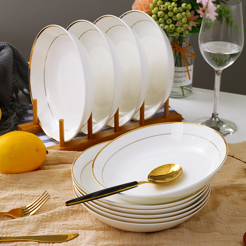 骨瓷金边盘子10个装深盘子菜盘套装家用深口圆型碟子餐盘陶瓷餐具