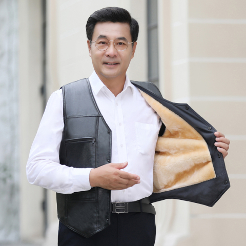 2019新款中年男装加绒皮马甲中老年男士保暖背心马夹爸爸装冬季