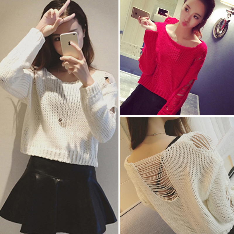 秋冬韩版长袖镂空针织衫女网红纯色套头短款破洞毛衣女罩衫上衣薄在类目 女装/女士精品, 毛衣中 - 来自Buy2taobao.com提供专业的淘宝代购服务