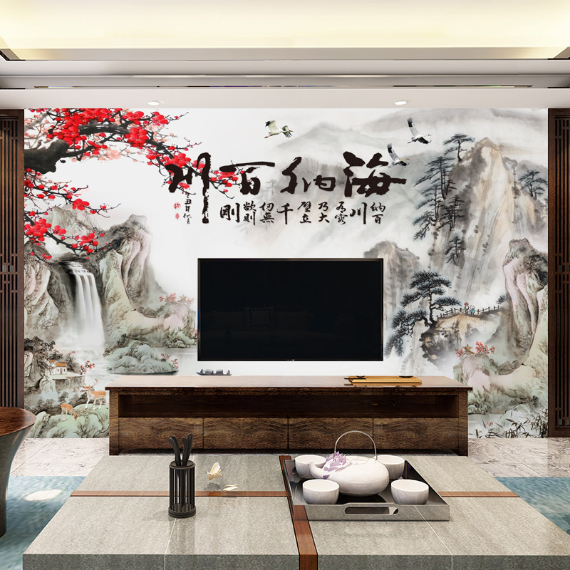 9d中式电视背景墙墙纸壁画 水墨山水背景墙壁纸 客厅立体影视墙布