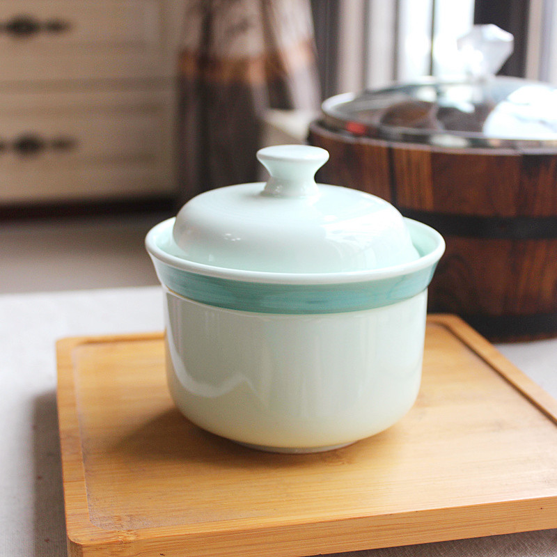 陶瓷炖盅绿釉拉丝汤盅有盖汤碗隔水炖养生盅釉下彩高温盅餐厅家用