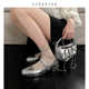 法式圆头银色单鞋女2024新款玛丽珍鞋女粗跟亮片拼色低跟浅口单鞋
