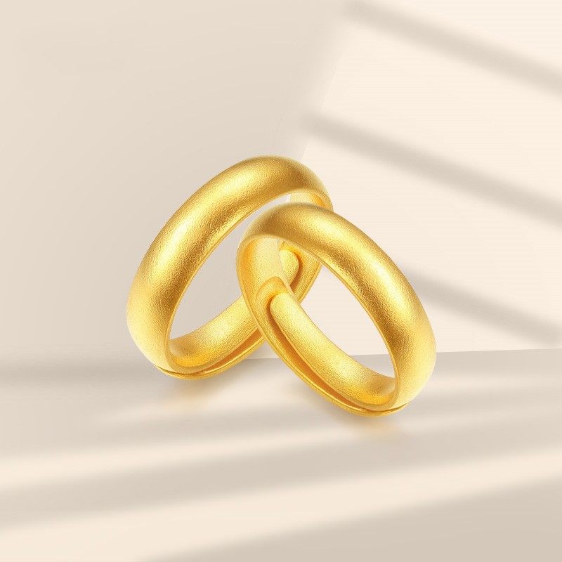 999足金古法黄金戒指素圈实心男女款24k纯金情侣对戒磨砂开口指环