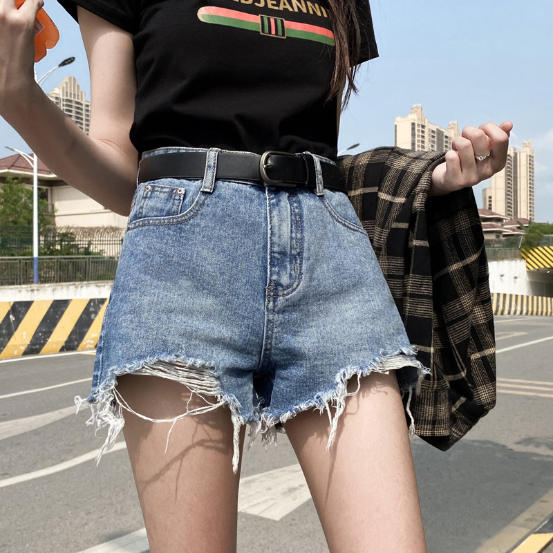 牛仔短裤女夏高腰毛边破洞热裤2021年新款韩版薄牛仔裤