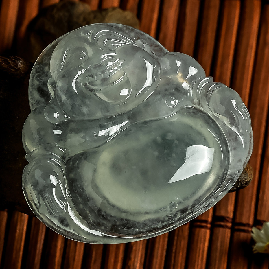 老坑冰种【平平安安】翡翠a货木那料笑佛挂件 11.24g