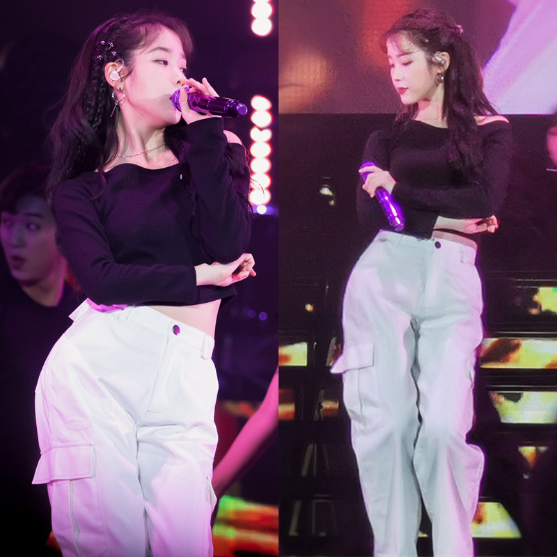 春装韩范iu李知恩同款黑色一字领长袖t恤露肩短款高腰露脐上衣女