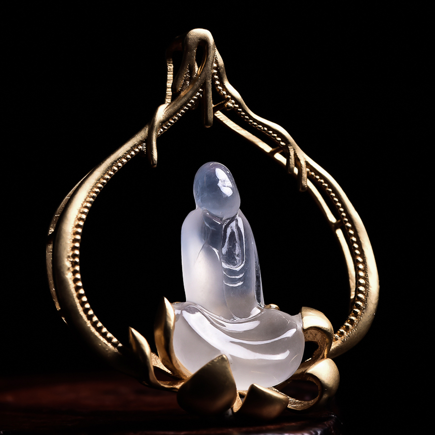 天然a货翡翠18k金镶嵌悟道吊坠3.92克