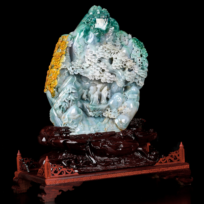 大师收藏级天然翡翠a货冰糯种三彩精工雕刻山水摆件裸石重12.44kg