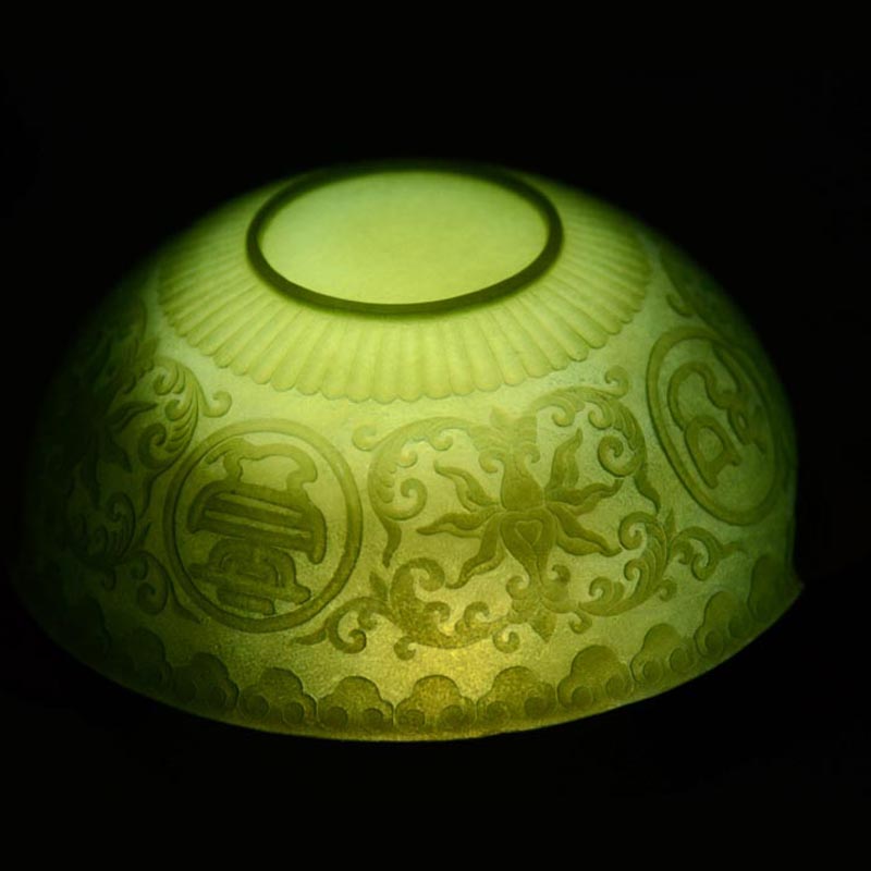 和田玉青玉薄胎雕花玉碗 176克 口径155mm