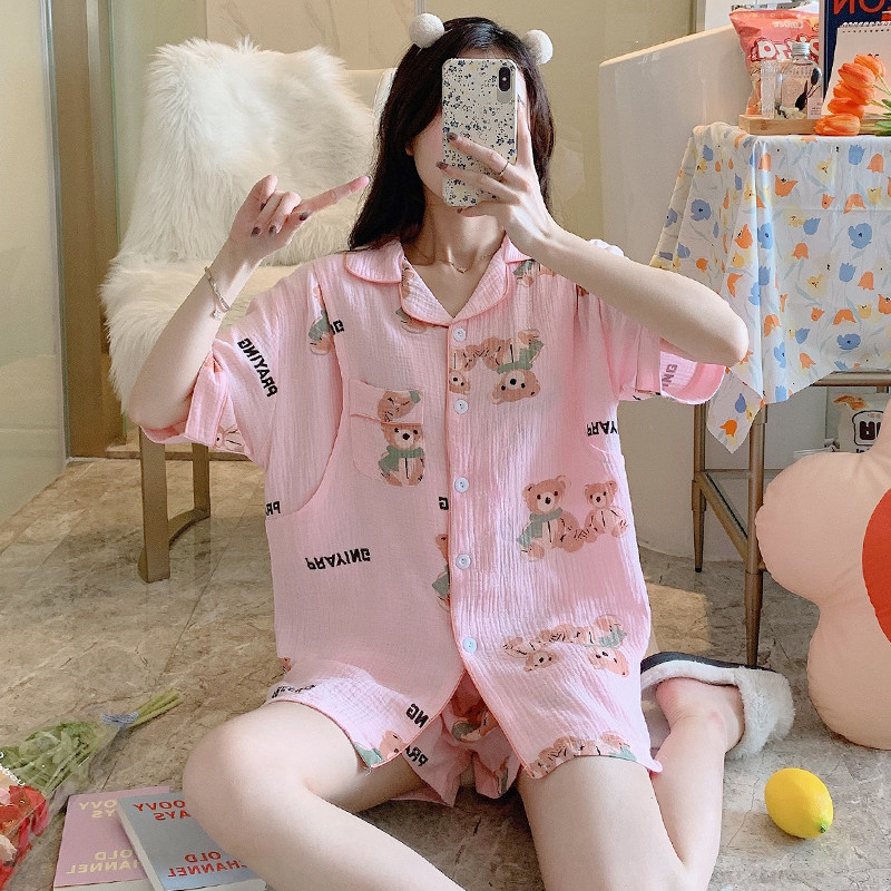 艾尚实拍夏季月子服纯棉绉布双层纱布孕妇睡衣哺乳套装家居服