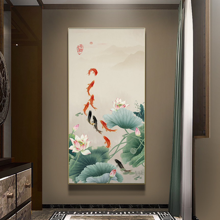 荷花叶九鱼图玄关装饰画入户新中式九尾锂鱼聚财竖版防水晶壁挂画