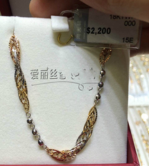 香港代购周大福专柜正品18K750玫瑰三色彩金树叶纽绳珠珠手链