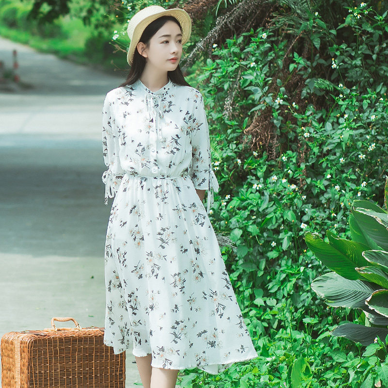 雪纺碎花连衣裙女2019夏季森系中长款文艺小清新裙子仙女超仙甜美