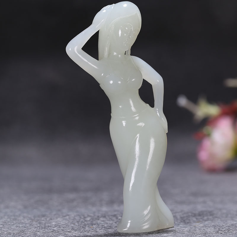 和田玉 白玉 美女把件 57.7496克