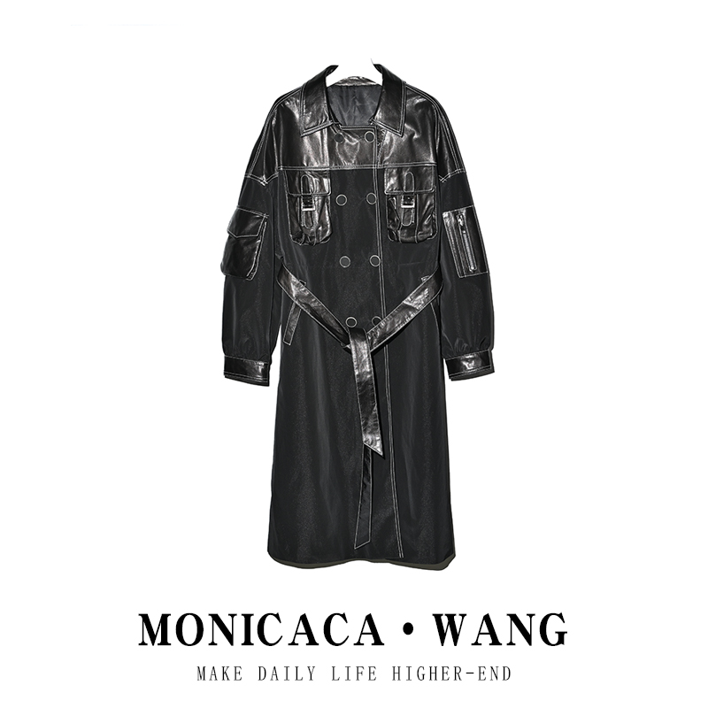 【MONICACA WANG】（衣长106）女士布拼皮长款外套M1231