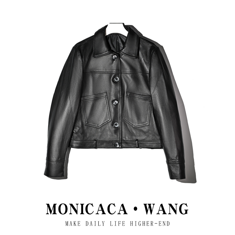 【MONICACA WANG】设计感绵羊皮短款单排扣真皮皮衣JK1513-5