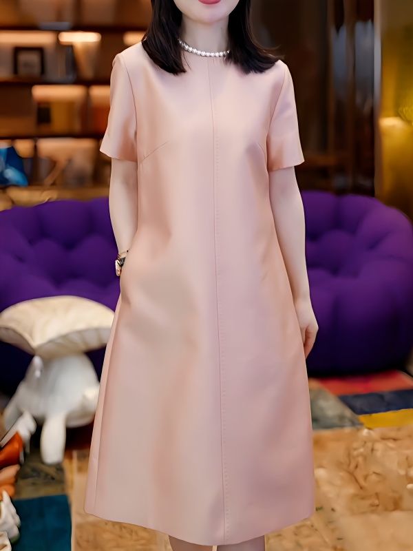 优雅高级洋气纯色圆领连衣裙女2023夏季新款简约气质显瘦直筒裙