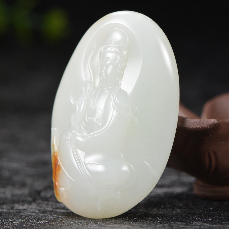 【观音赐福】玉雕名家程克元 和田玉羊脂级独籽观音挂件 49.412克