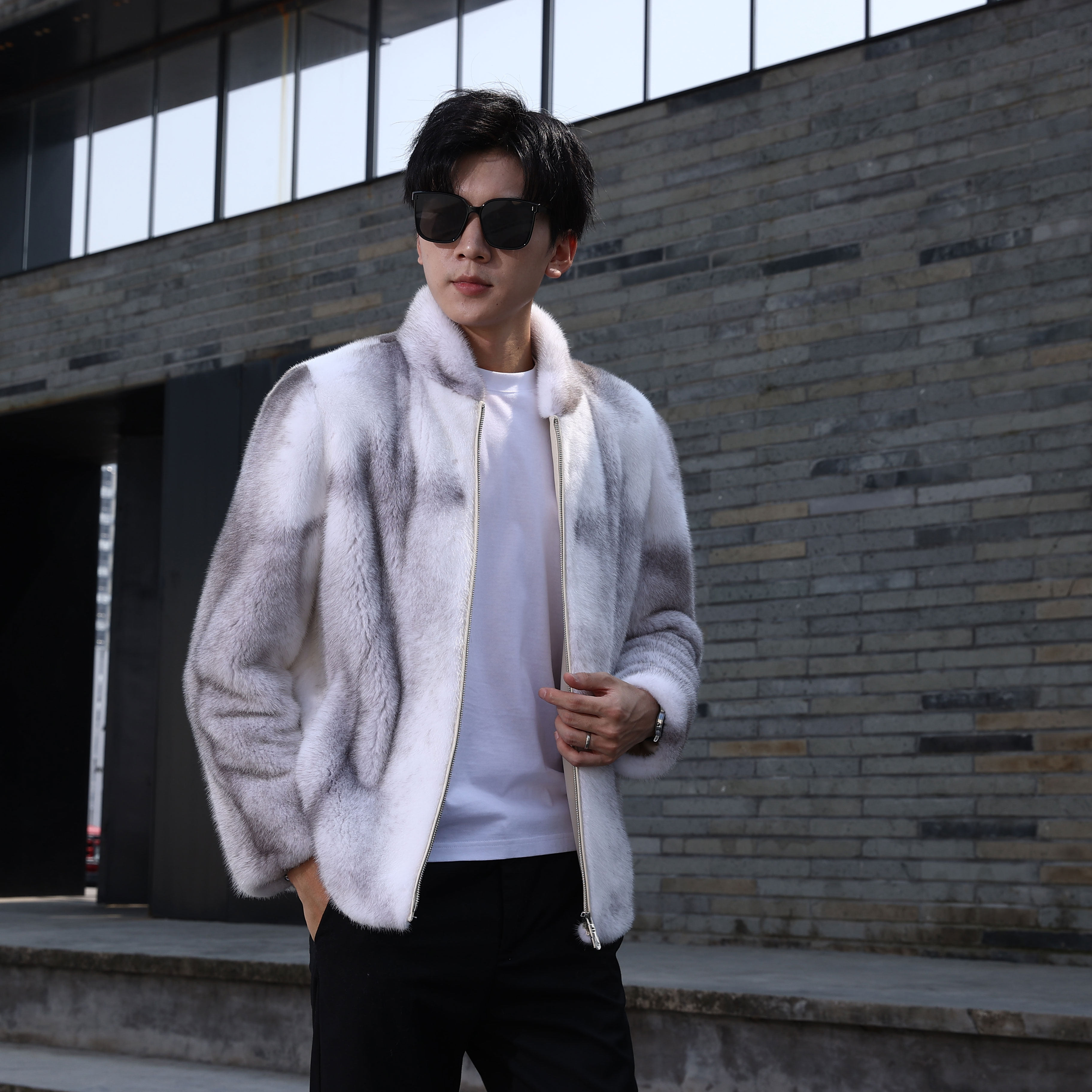 十字貂皮大衣男装进口整貂水貂皮草外套貂皮夹克棒球领落肩袖冬季